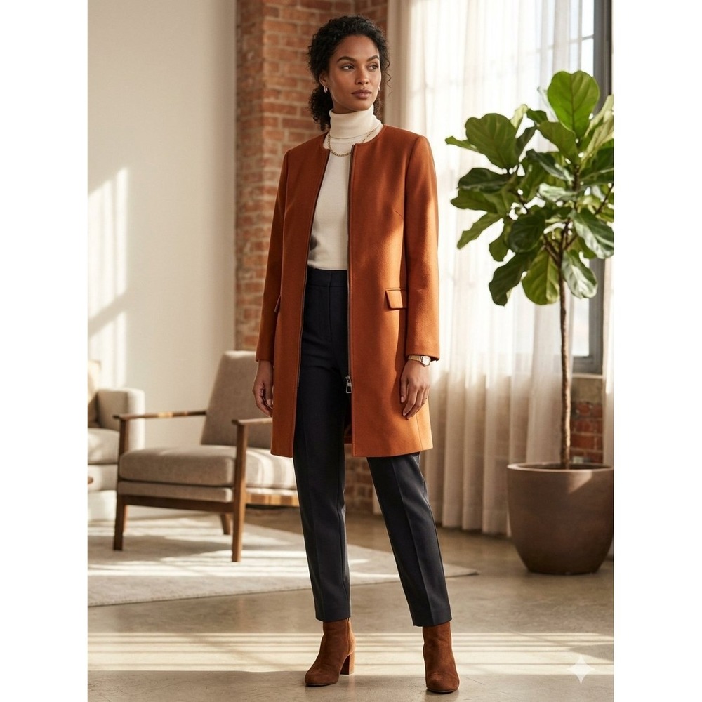Zara Woman Rust Brown Collarless Zip Front Flap Pocket Mid Length Coat Size M
